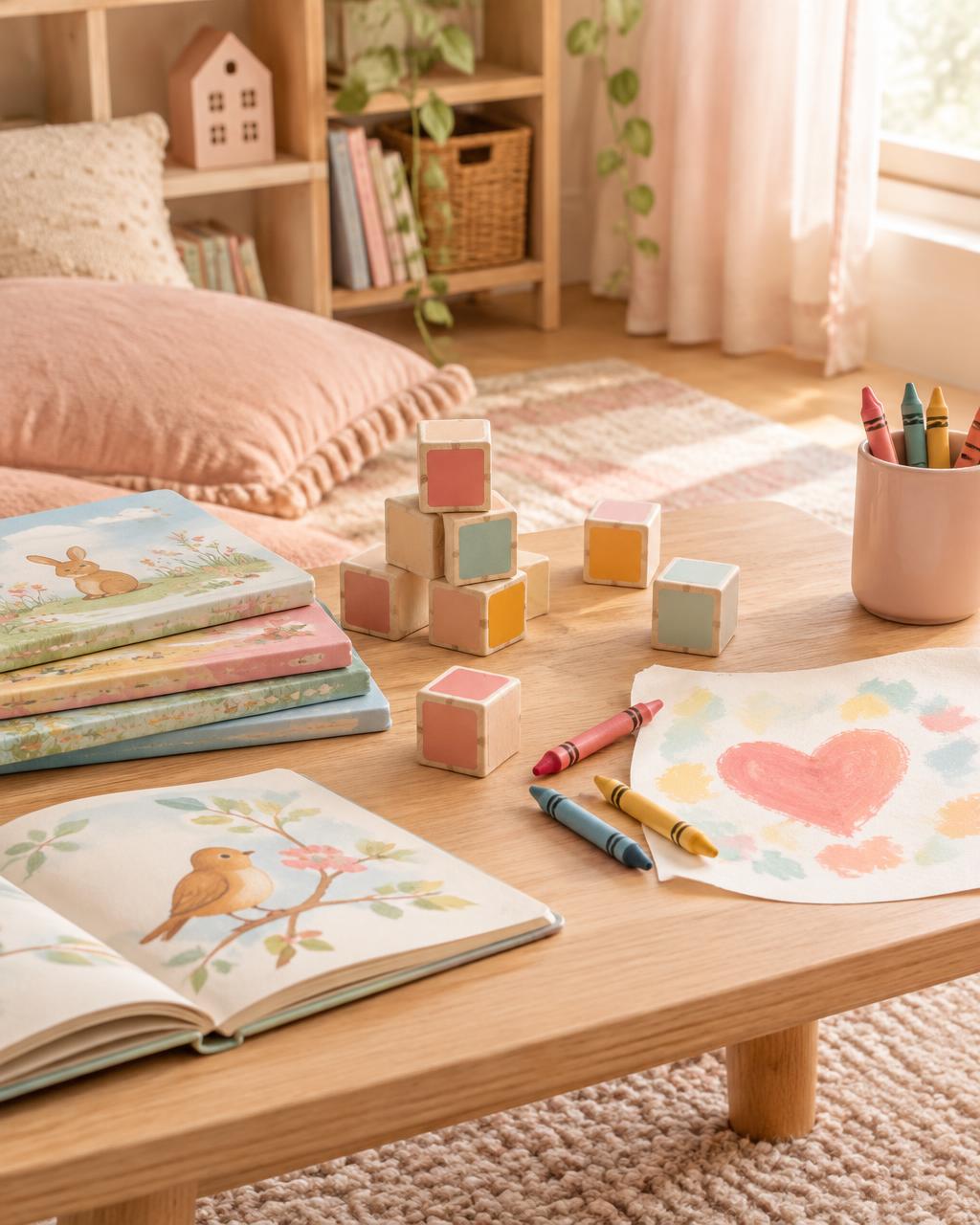 Wooden blocks, picture books and crayons on a low table